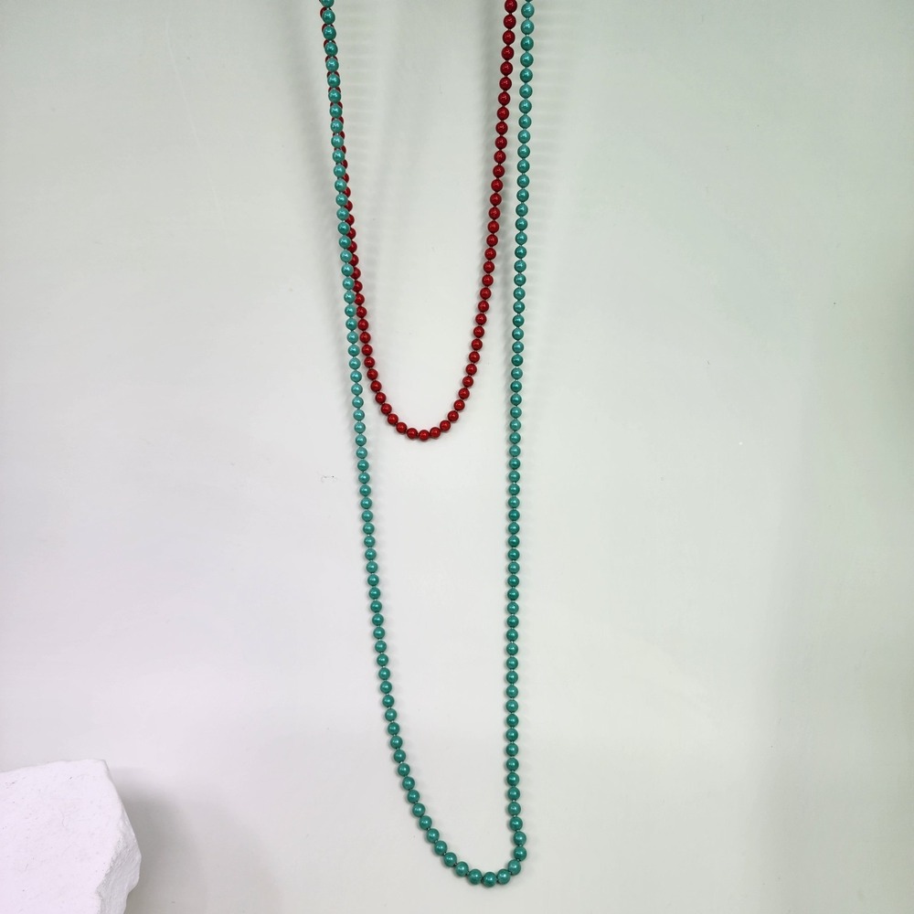 2 Pc Red Turquoise Color Acrylic Bead Long Necklace Set Boho Layering Gold Tone